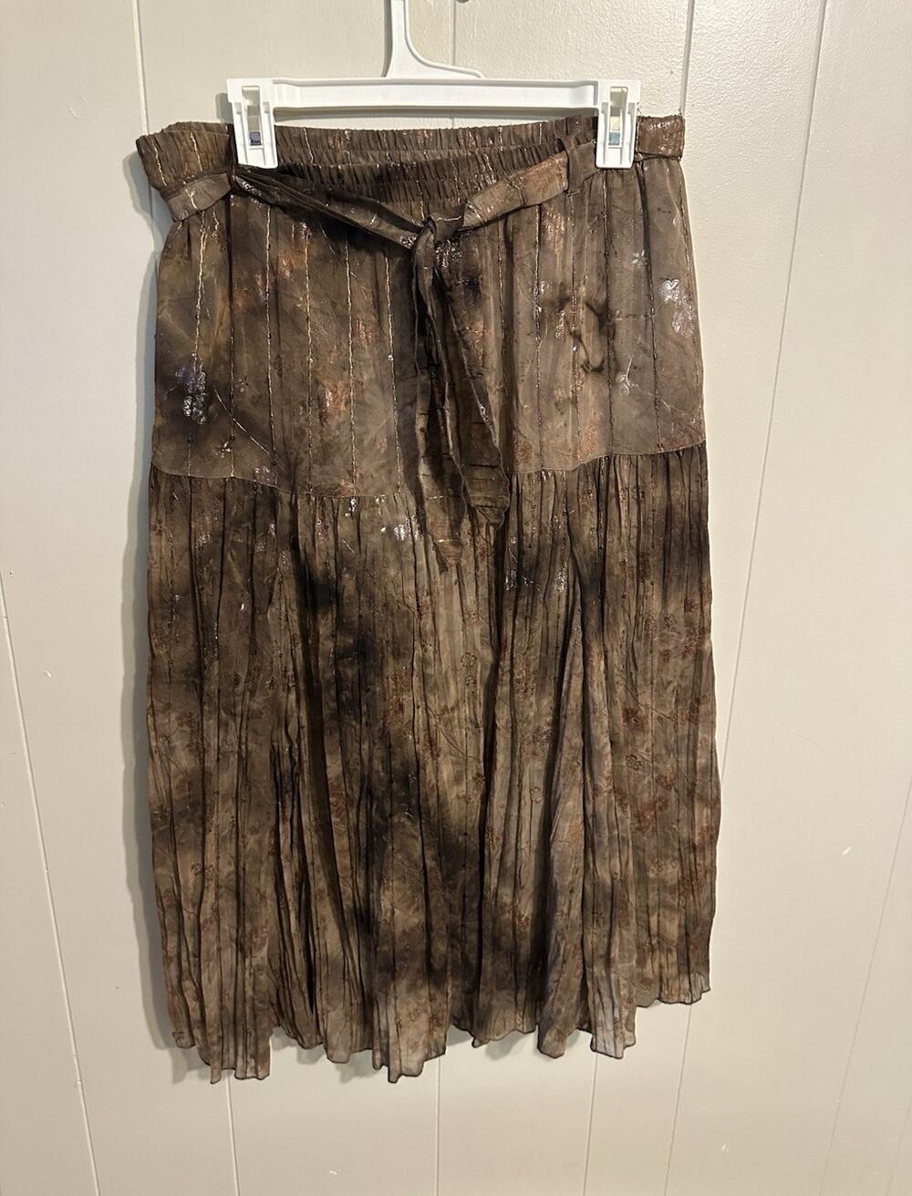 Sixth Sense Women’s Brown Pleated Elastic Tie Waist Sparkle Midi Skirt Size L